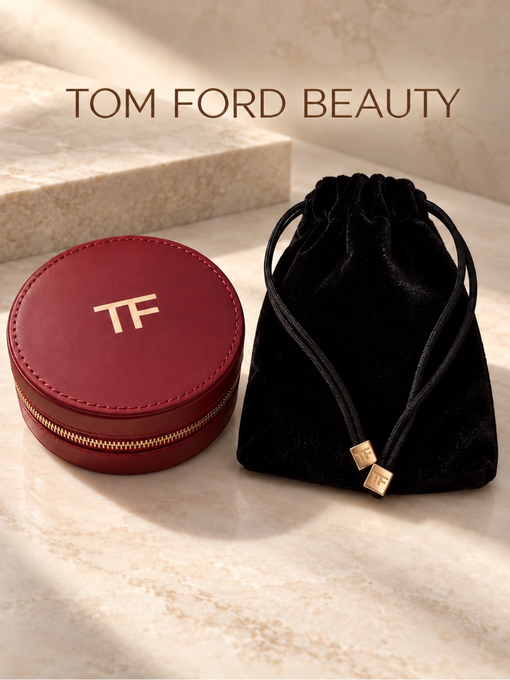 Tom Ford Burgundy Leather Round Travel Case with Black Velvet Pouch- GWP